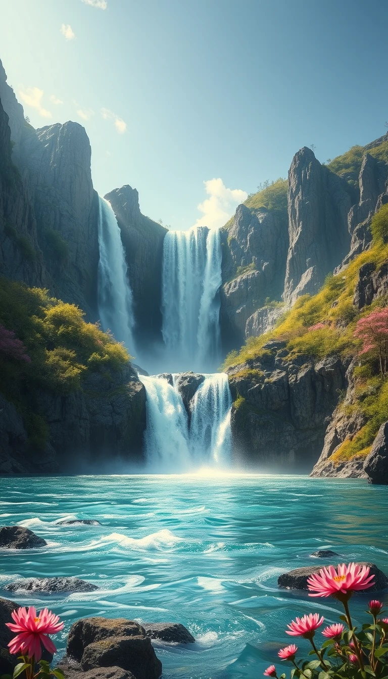 Cascata magica che si getta in un oceano cristallino