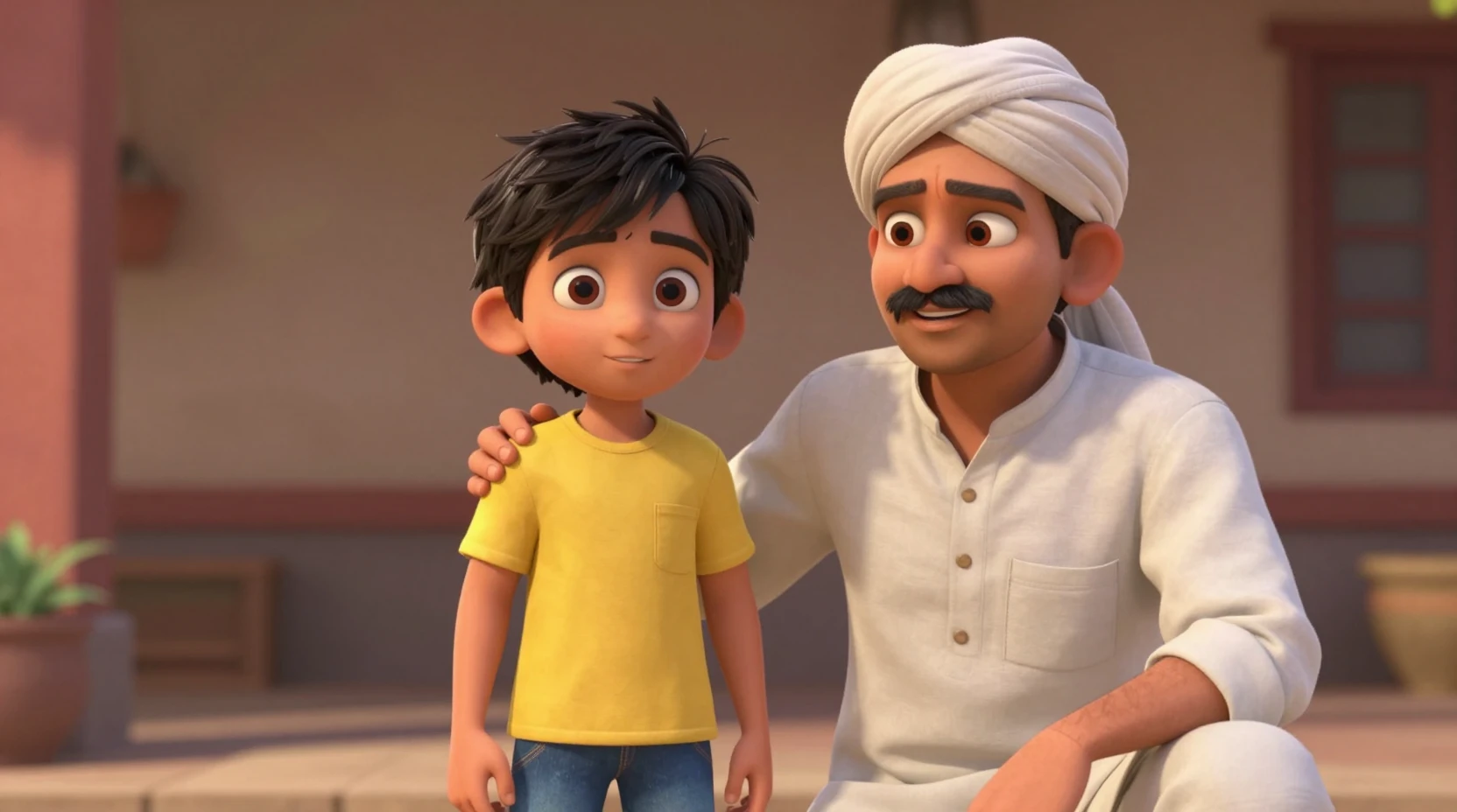 Indian grandfather and child in warm 3D home scene