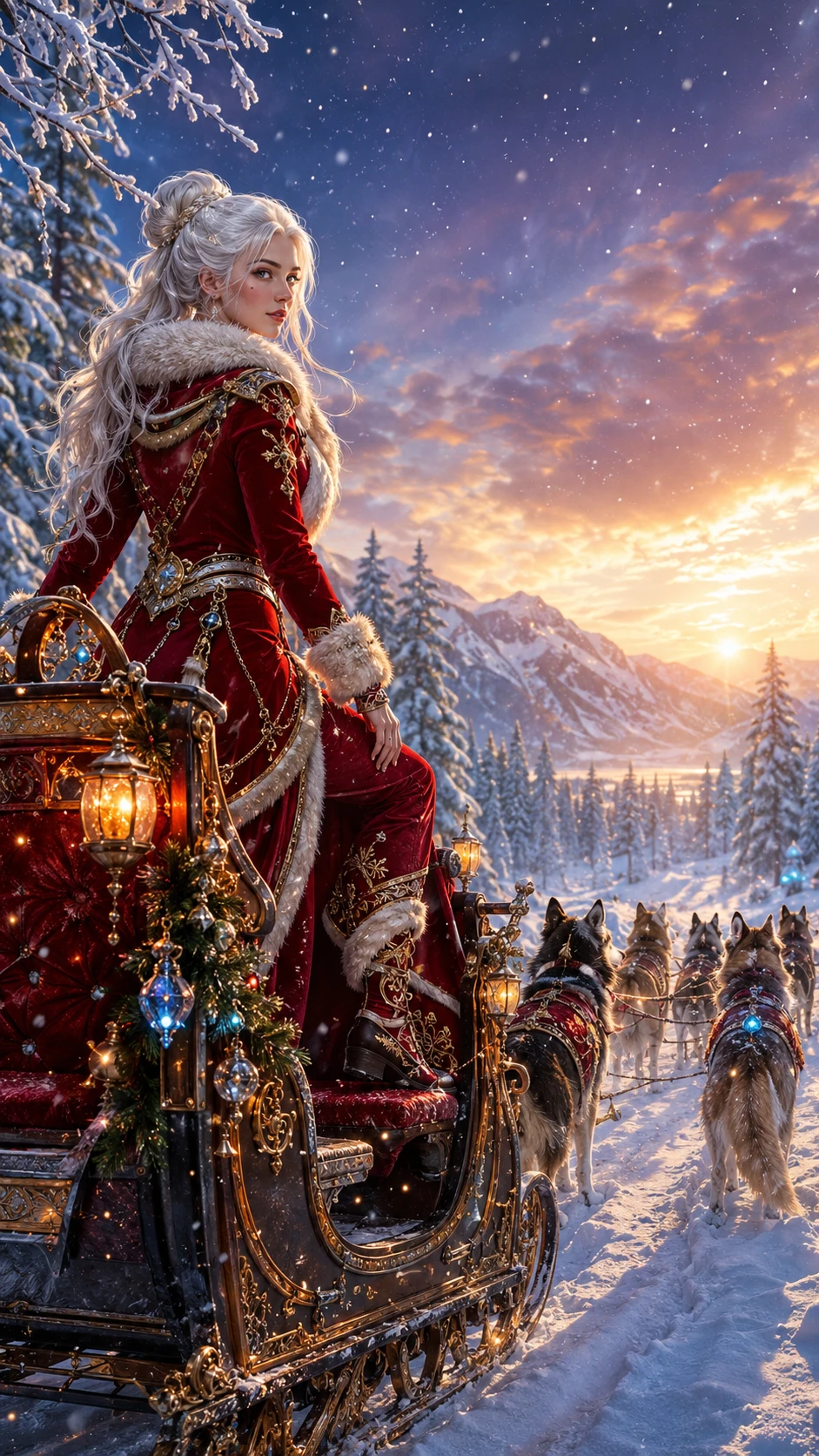 Elegant woman boarding an ornate dog sled at sunset