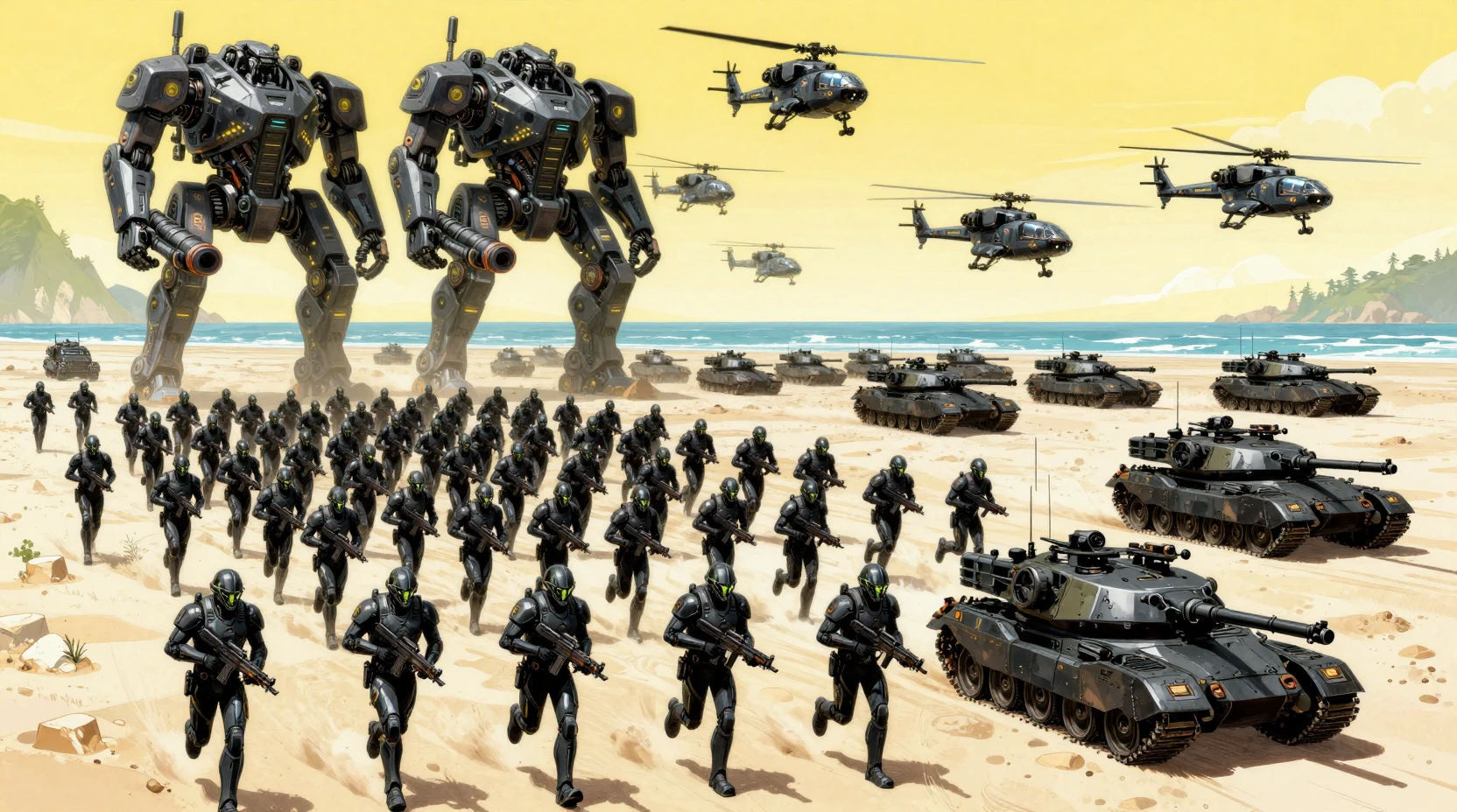 Futuristic army of soldiers charging across a beach