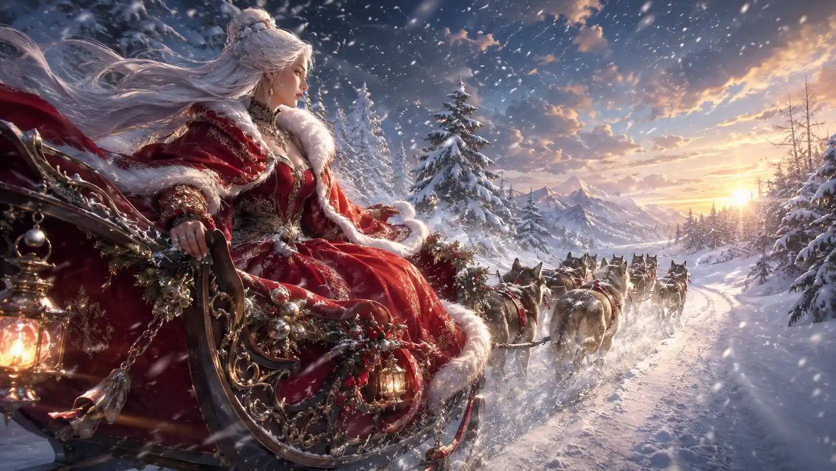 Elegant woman in red riding a dog sled at sunset