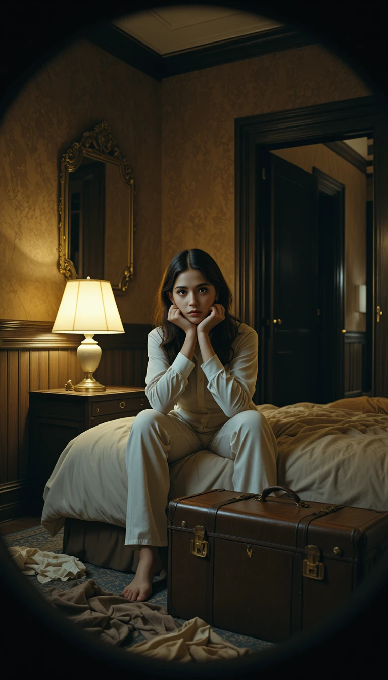 Young woman on hotel bed in warm lamplit vignette