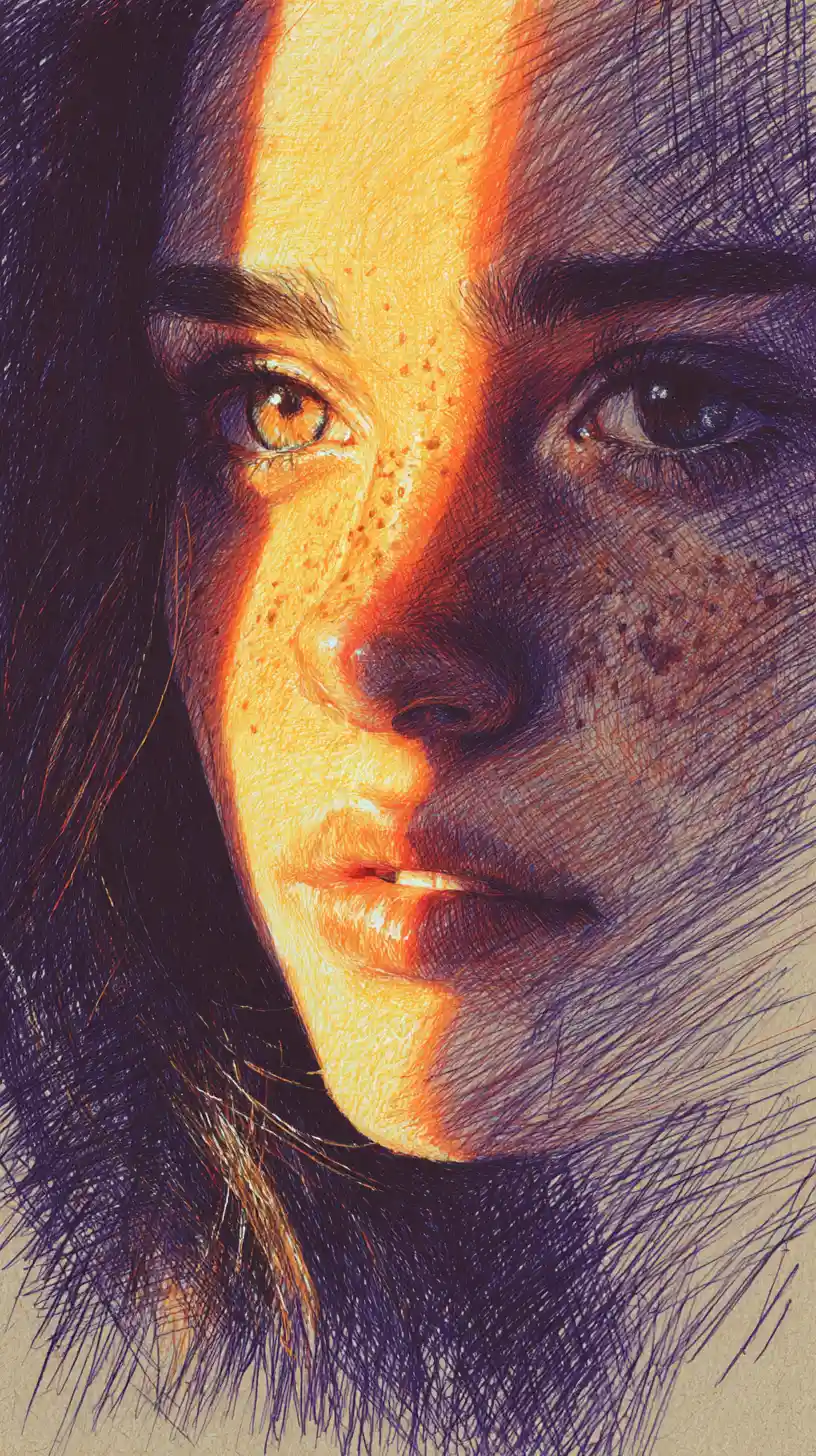 Portrait en gros plan aux crayons de couleur d’une jeune fille avec des taches de rousseur