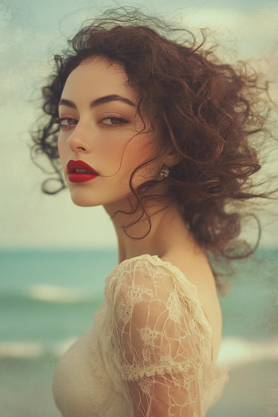 Mulher elegante contemplando um horizonte mediterrâneo tranquilo
