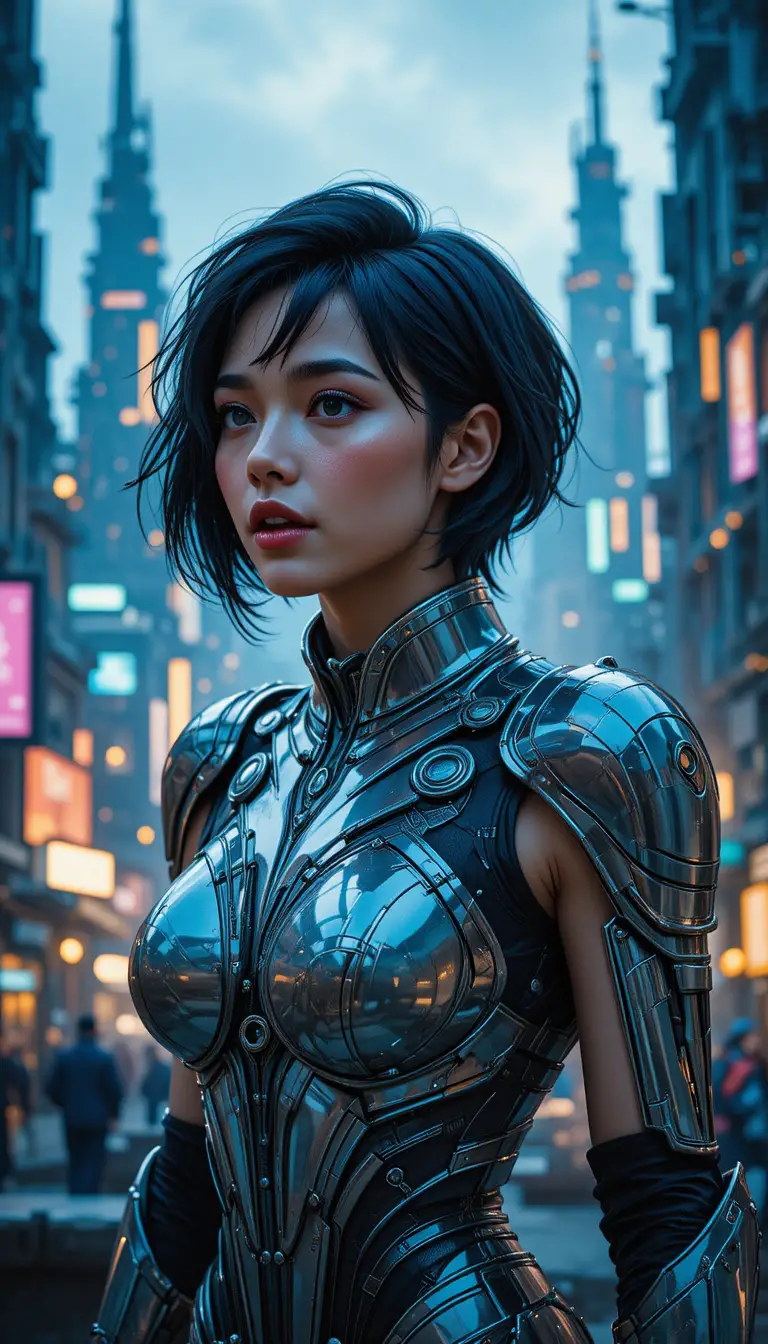 Donna in armatura sci-fi di fronte a città futuristica notturna
