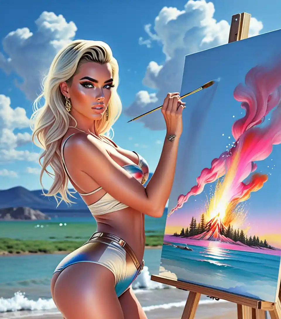 Blonde artist painting a forest fire on large studio canvas
