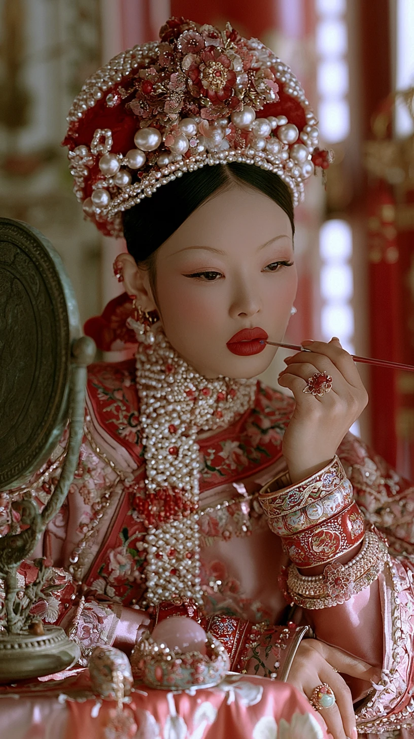 Qing dynasty concubine applying makeup before a bronze mirror