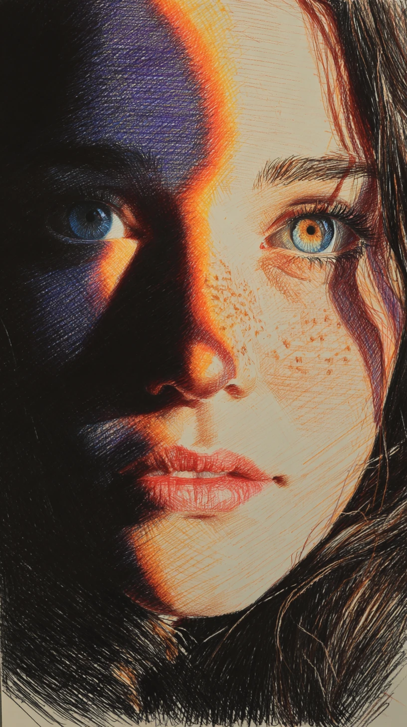 Retrato en primer plano a lápiz de color de una joven con pecas