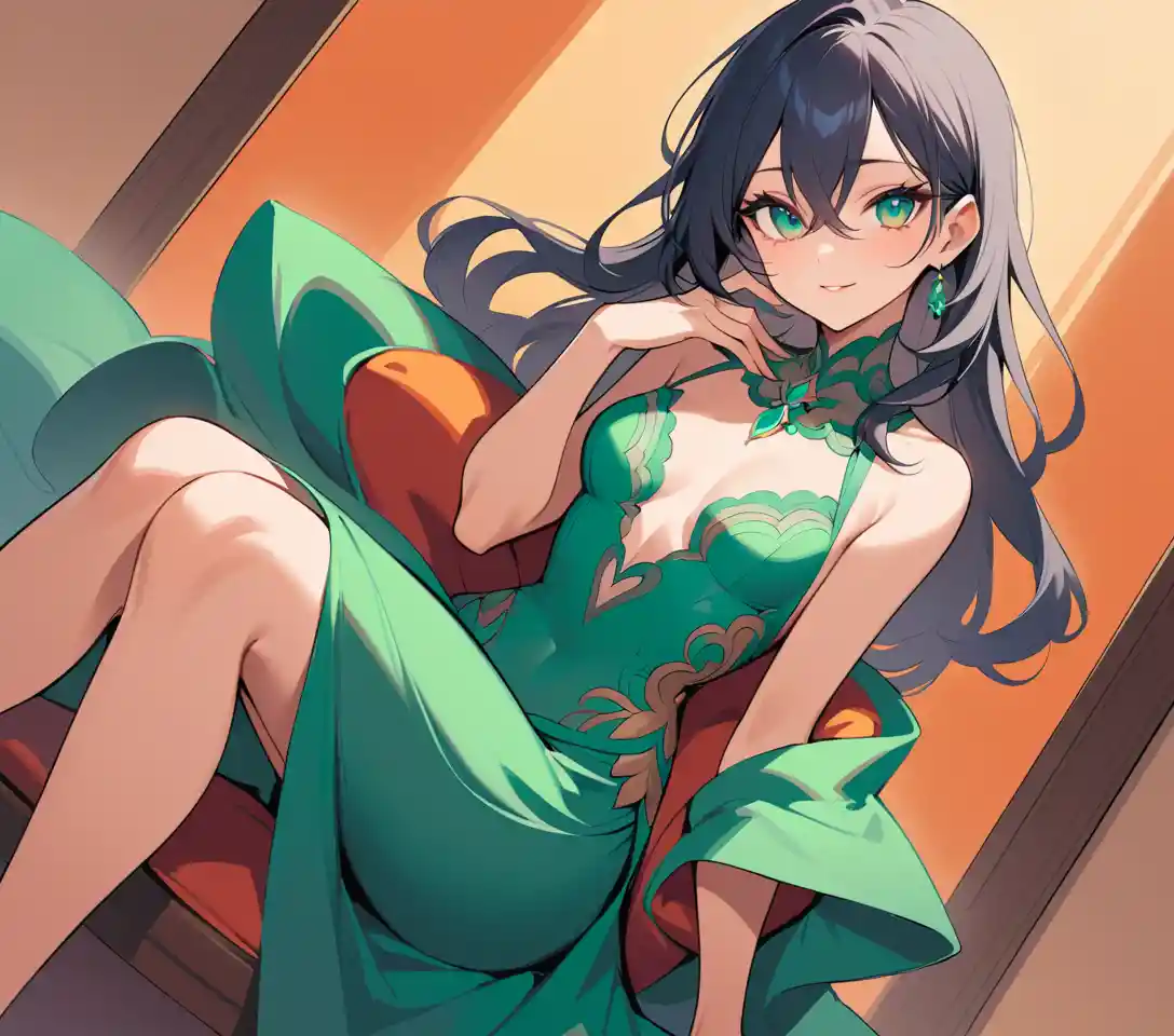 橘色背景前身穿綠色蕾絲長禮服的自信女子