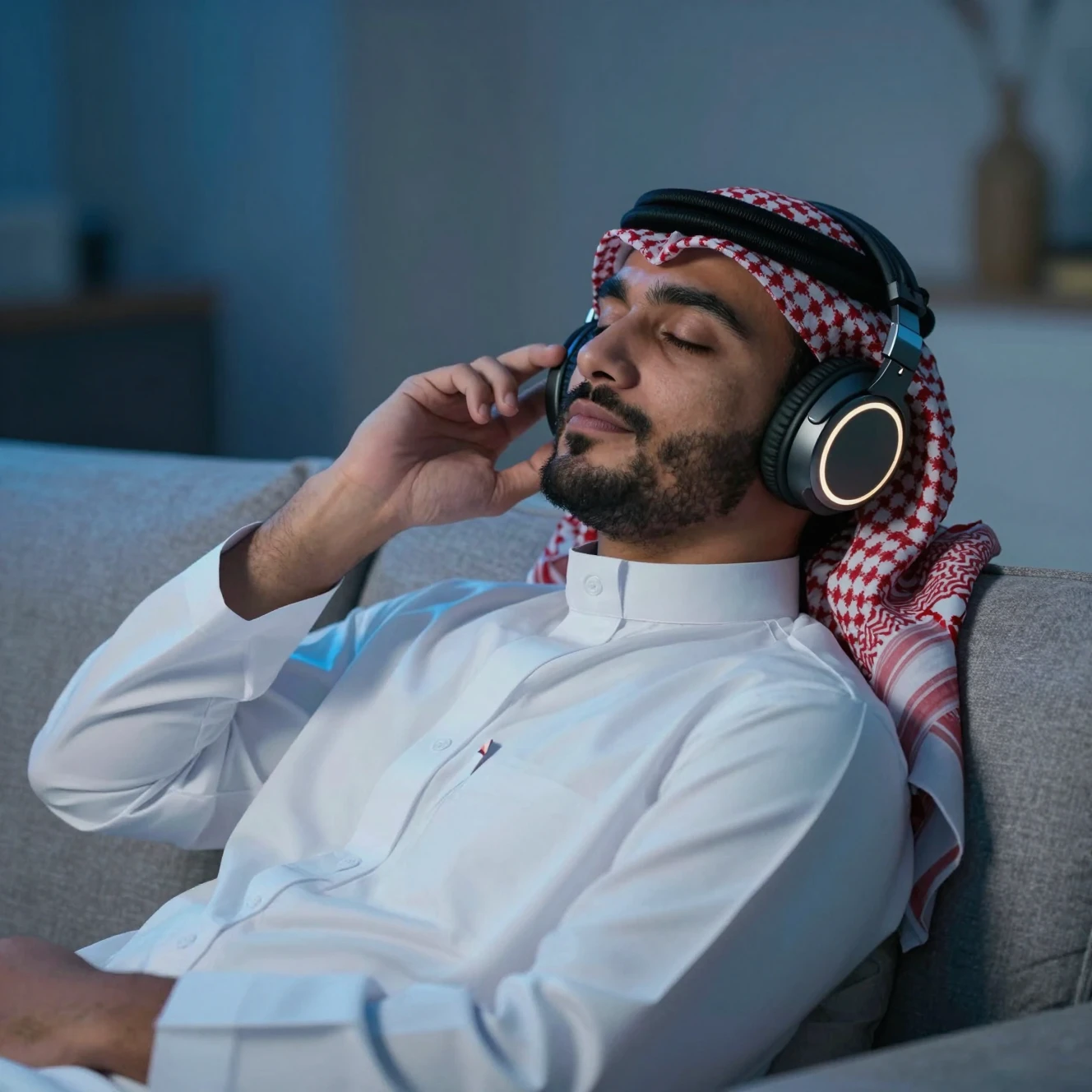 Uomo in thobe che si rilassa con cuffie luminose di notte