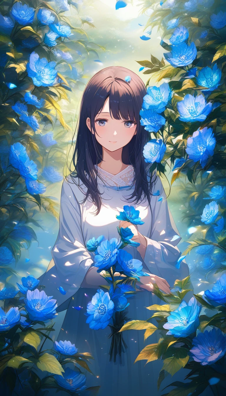 Estudante japonesa em um tranquilo jardim de flores