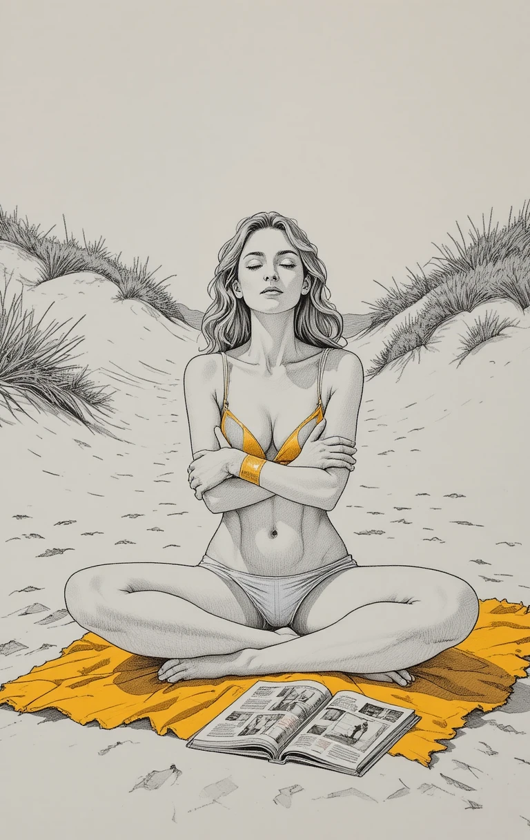 Jovem mulher meditando em uma praia ensolarada de areia