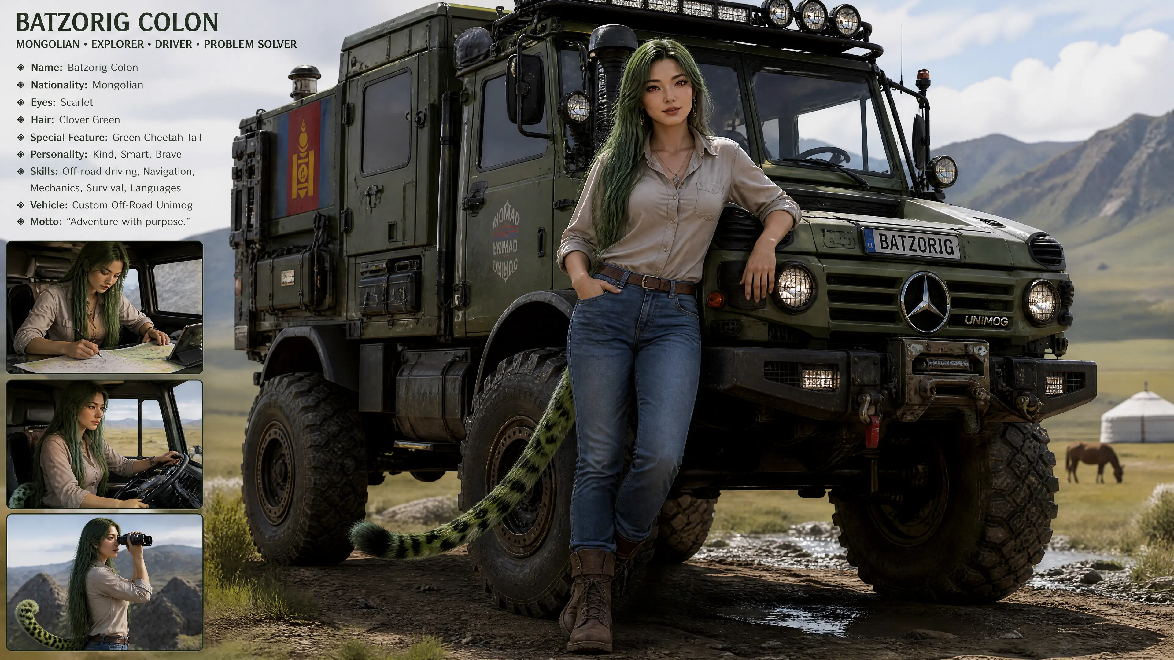 Brave Mongolian woman driving a custom offroad truck