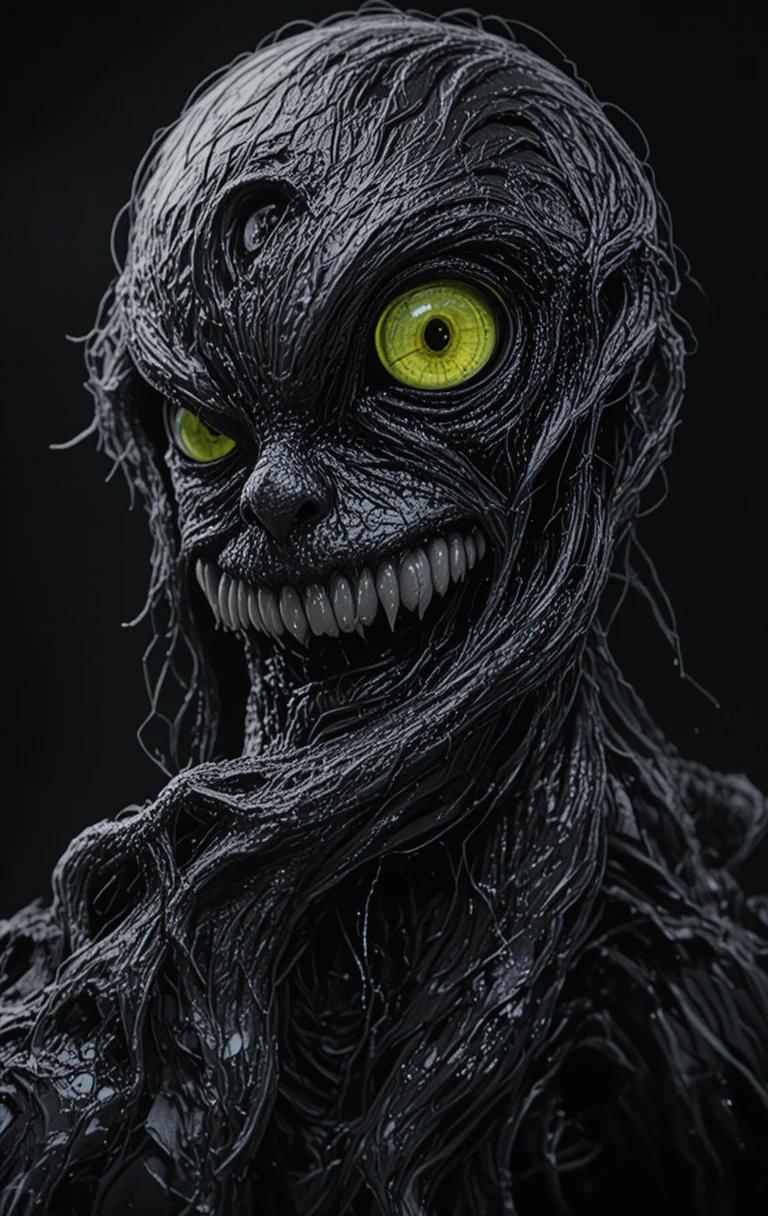 Monstro grotesco com olhos brilhantes no vazio negro