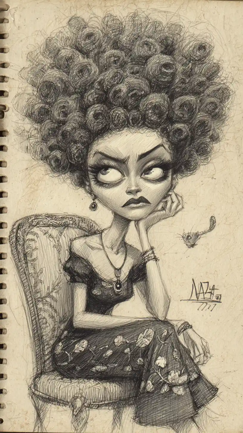 Retrato a carvão de uma mulher com cabeça grande e cabelo afro