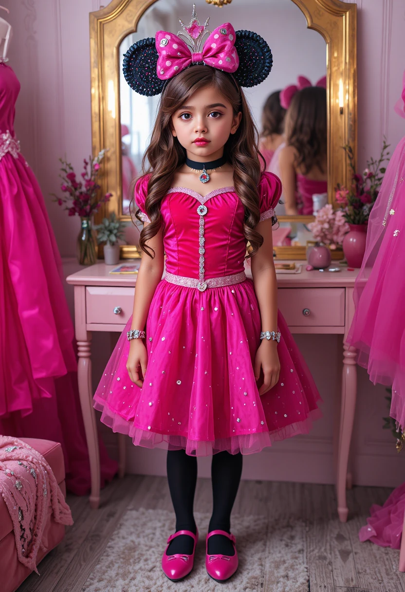 Menino pré-adolescente com fantasia de princesa diante de uma penteadeira
