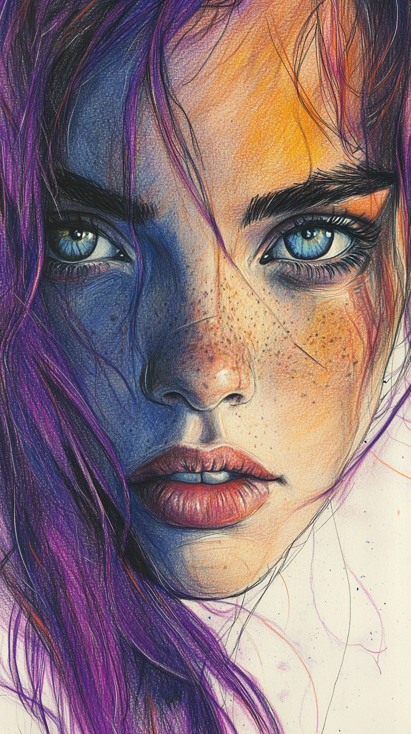 Retrato a lápis de cor de uma mulher sardenta na luz quente do sol