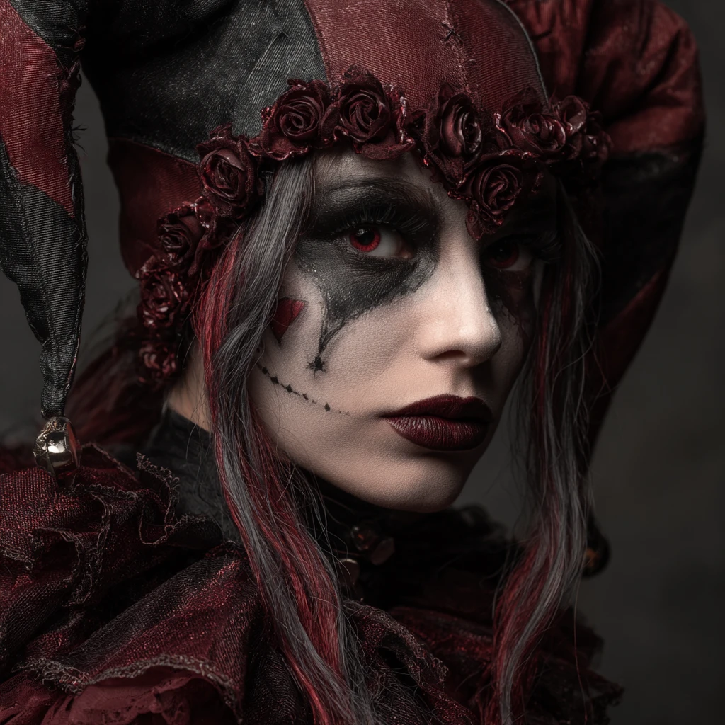 Dark gothic jester woman with roses and glowing cracks