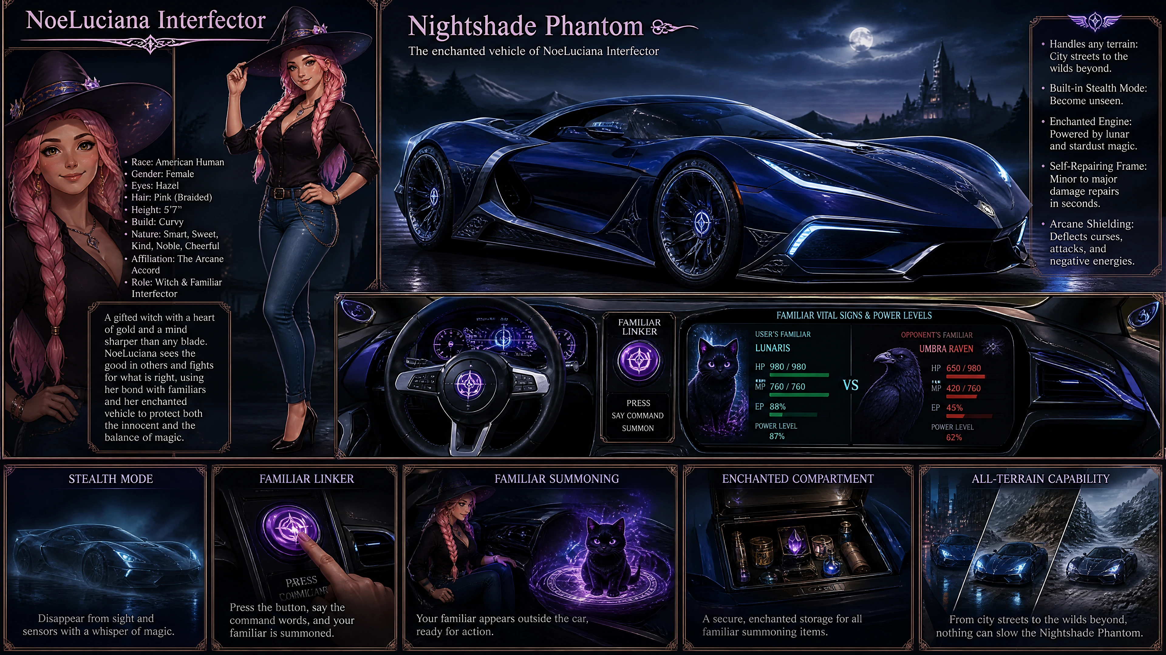 Cheerful witch girl driving an enchanted midnight blue sports car