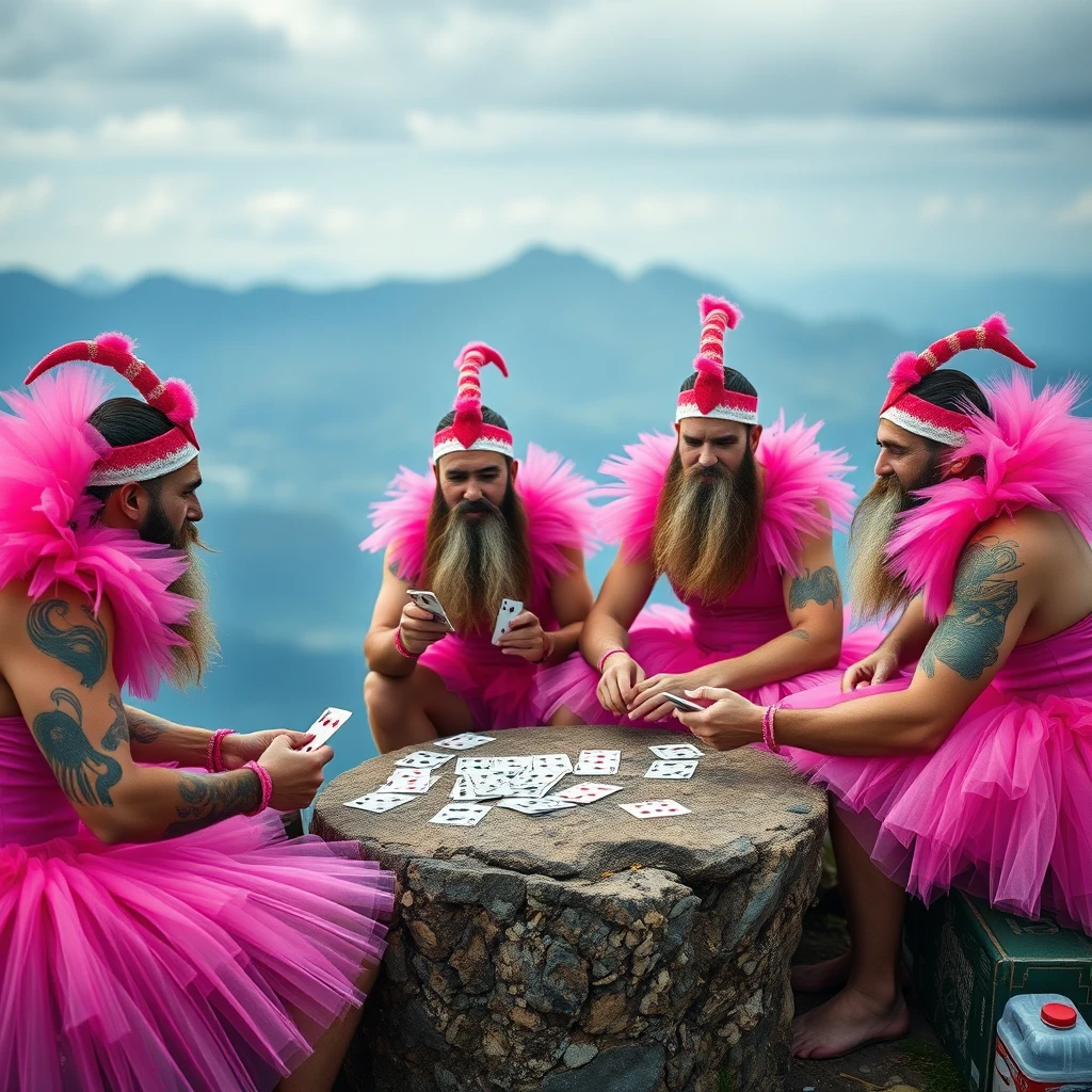 Homens barbados de tutu rosa jogando cartas na montanha