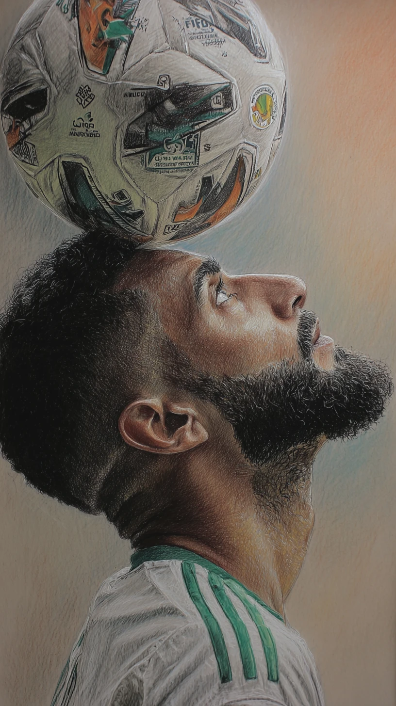 Retrato a lápiz de color de un futbolista equilibrando un balón