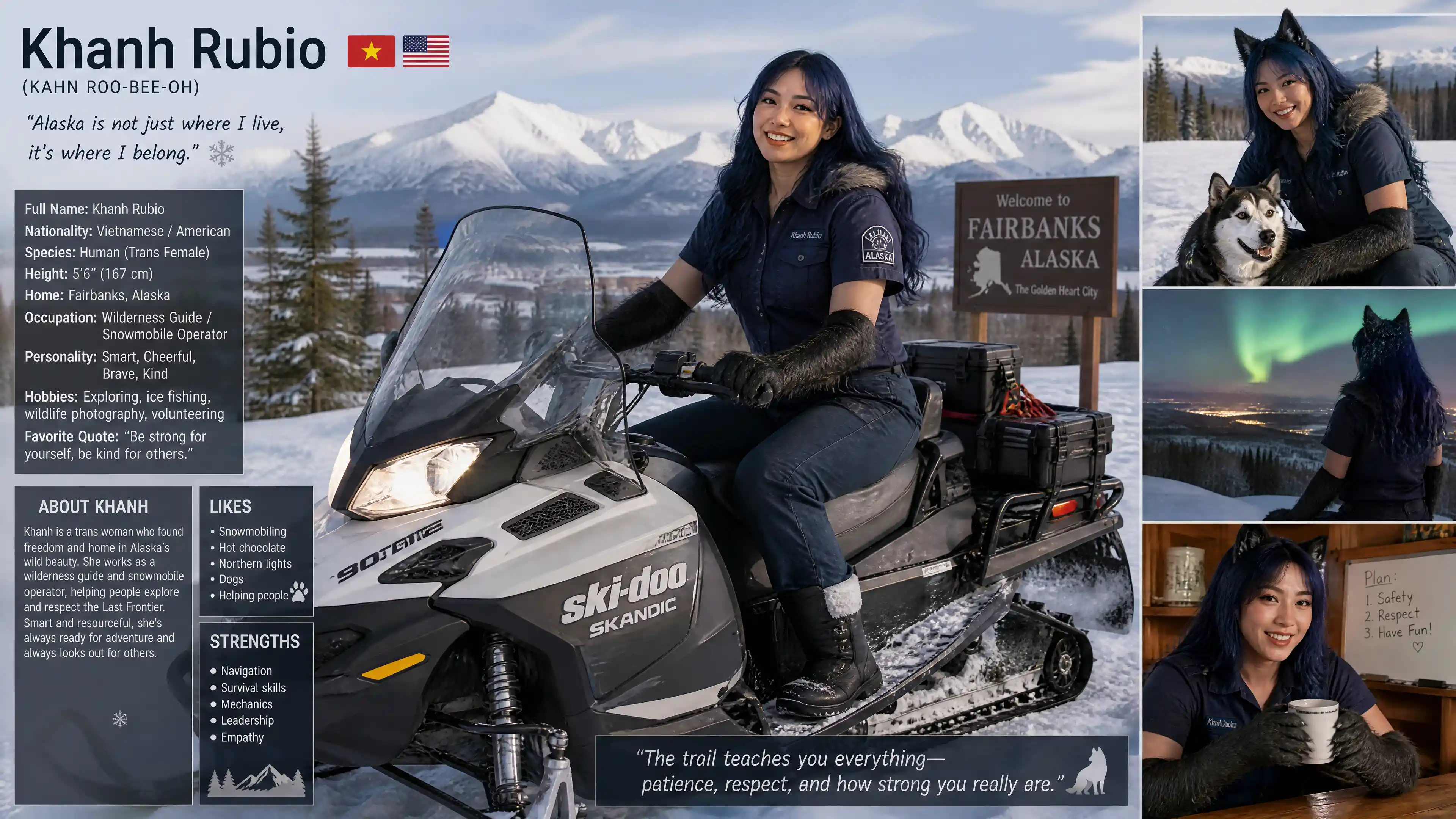 Femme trans joyeuse aux bras de loup conduisant une motoneige