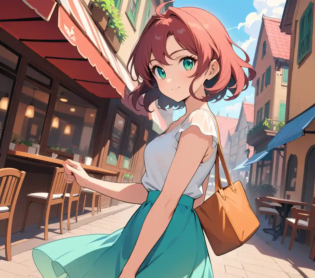 Woman at outdoor cafe in european street with tilted view