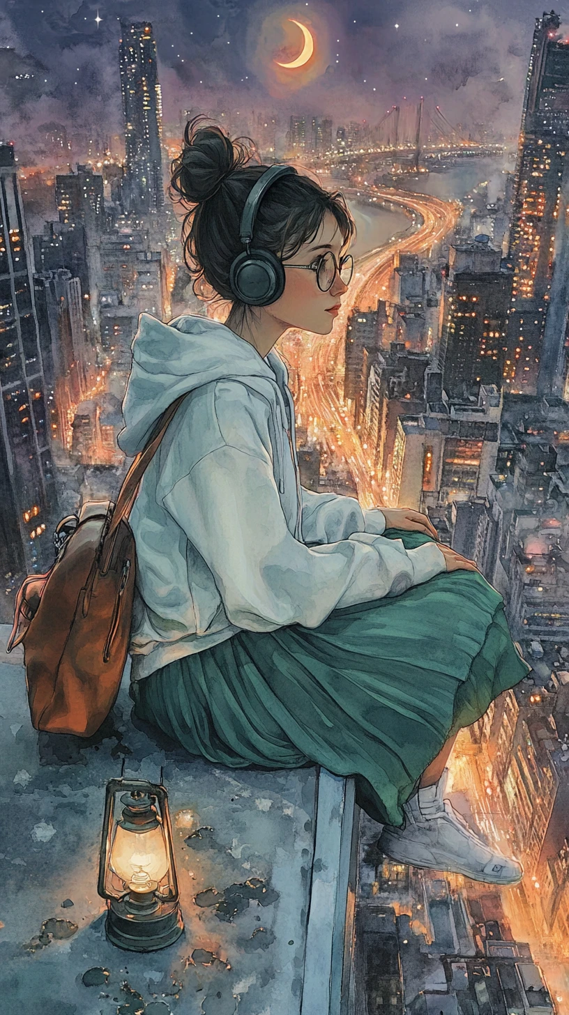 ランタンの灯る屋上でくつろぐヘッドホンの少女