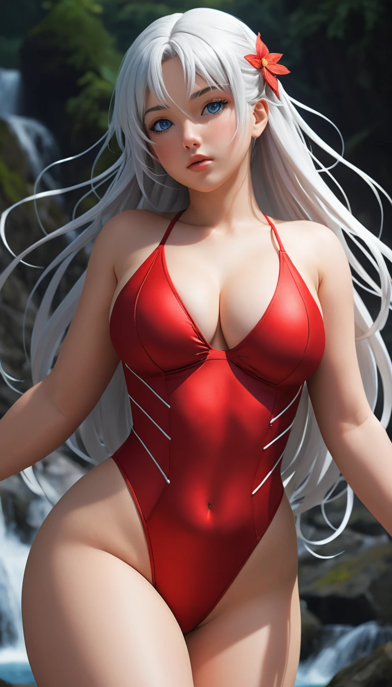 Heroína de anime curvilínea com maiô vermelho e body em rede
