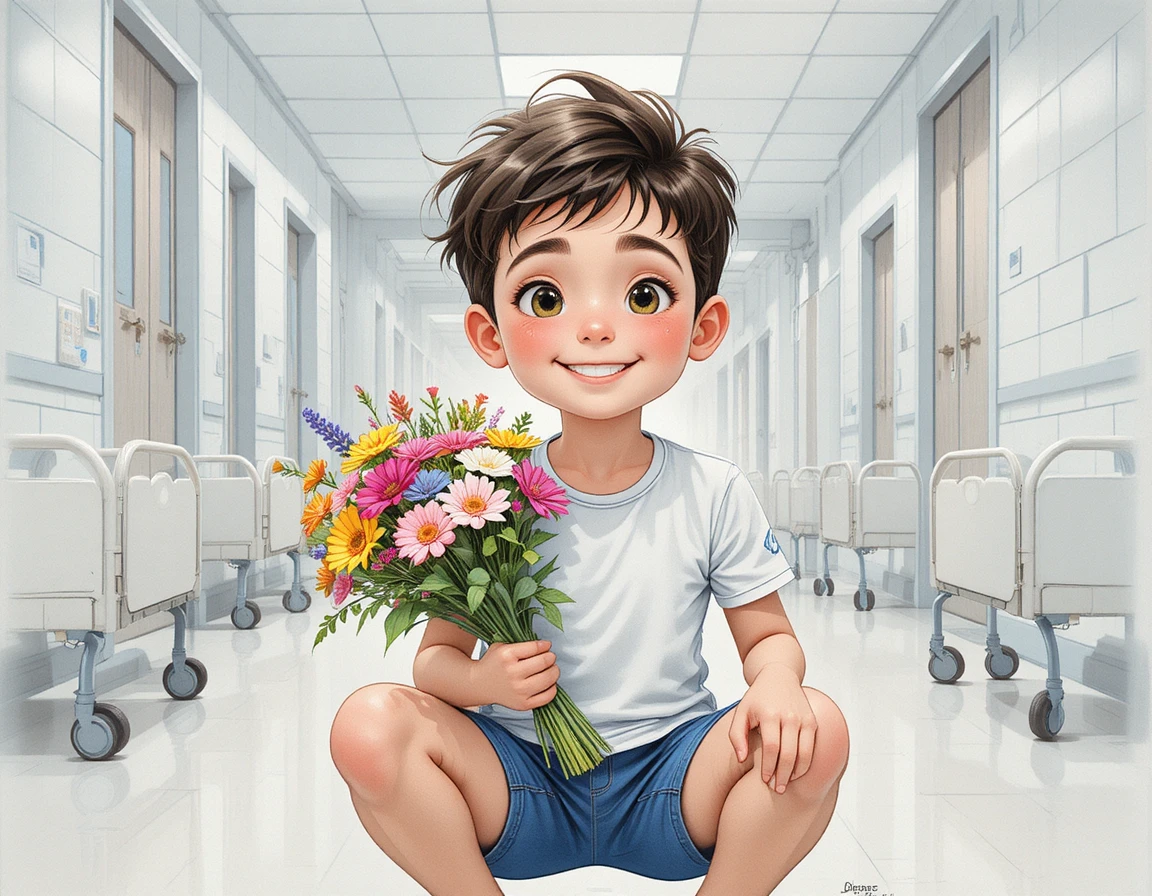 Aufgeregter Junge mit Blumen im hellen Krankenhausflur