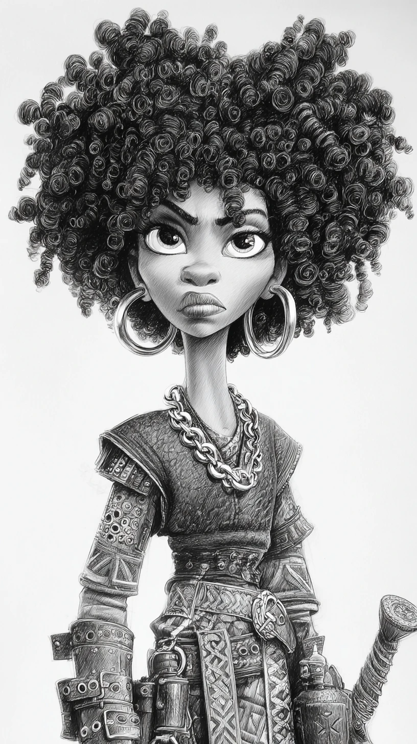 Retrato en caricatura de una mujer guerrera con enorme cabello afro