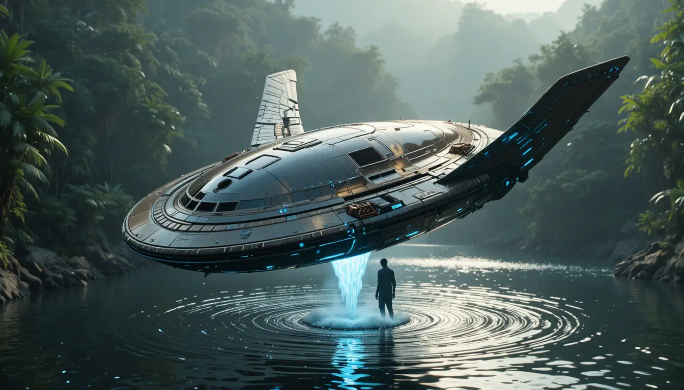 Engin volant futuriste en vol stationnaire au-dessus d’un lagon dans une jungle préhistorique