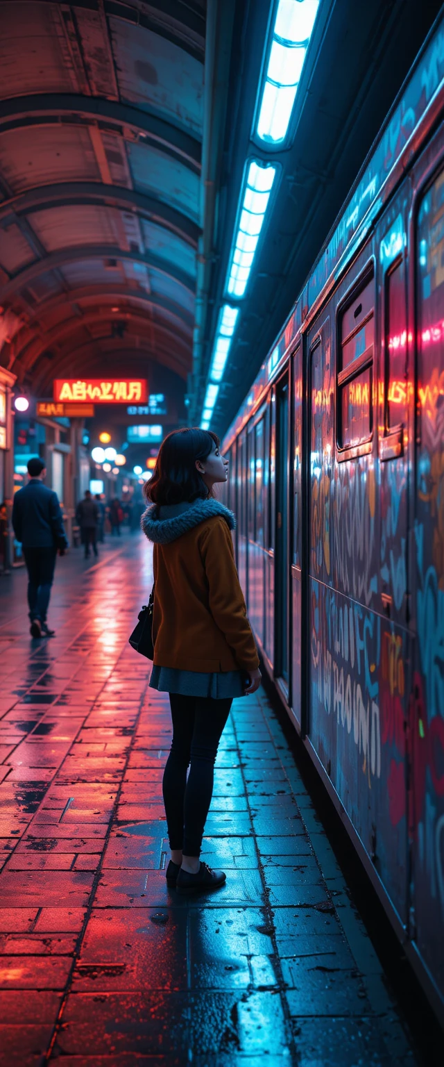 Mulher esperando o trem em estação de Paris iluminada por néon
