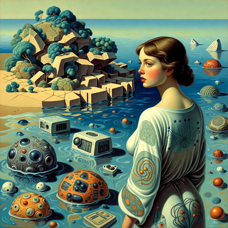 Mulher surreal de robe contemplando costa fraturada
