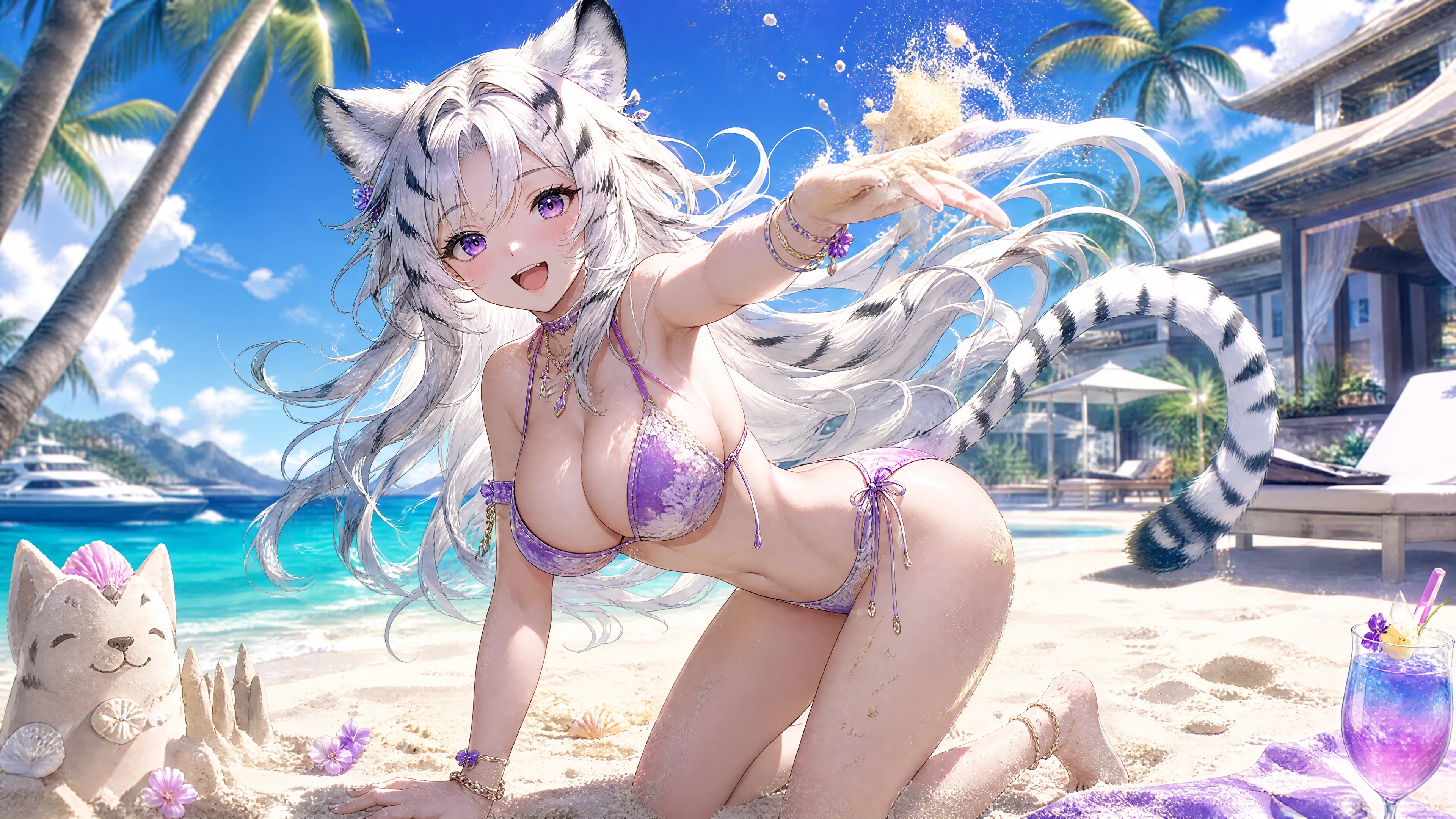 南国の砂浜ではしゃぐ陽気なアニメ風ビーチ女性