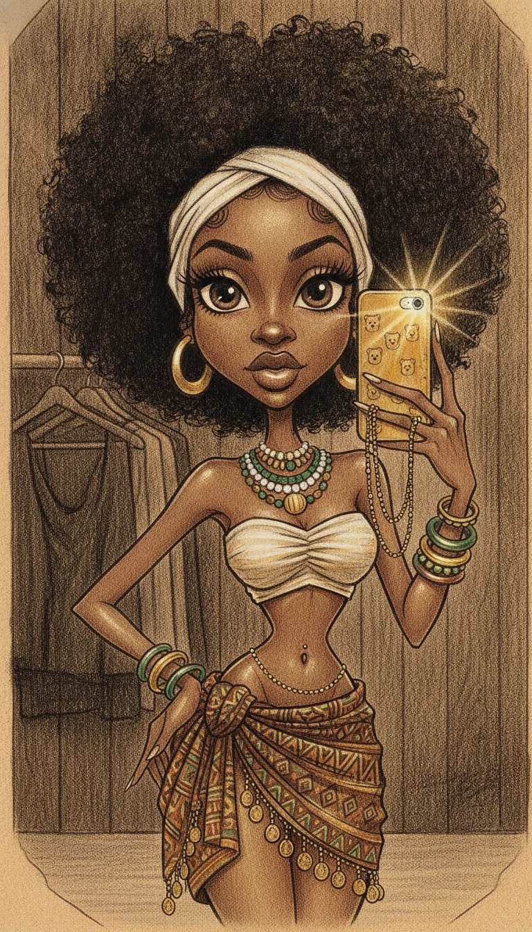 Caricatura de una mujer joven tomándose una selfie en el espejo