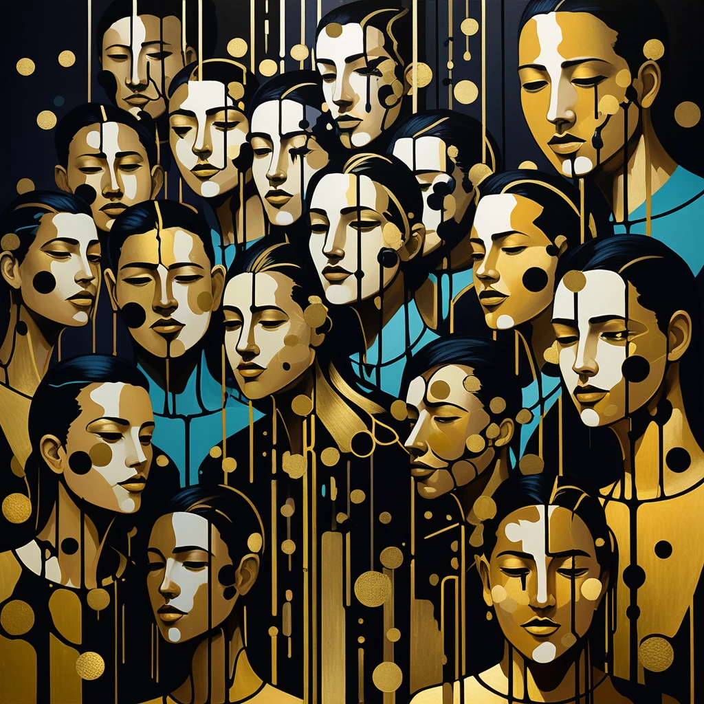 Multidão surreal de cabeças humanas coloridas em movimento abstrato