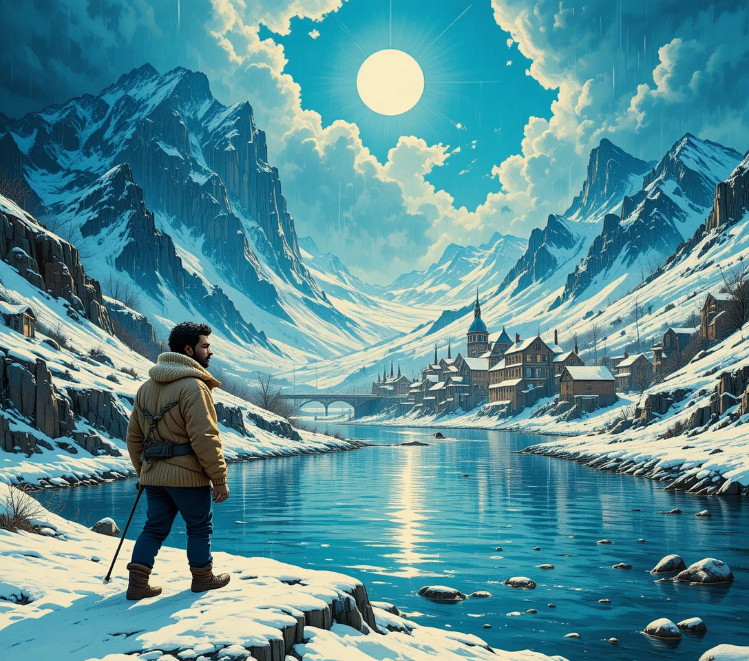 Homem Atravessando um Rio Lamacento sob um Céu Azul Claro