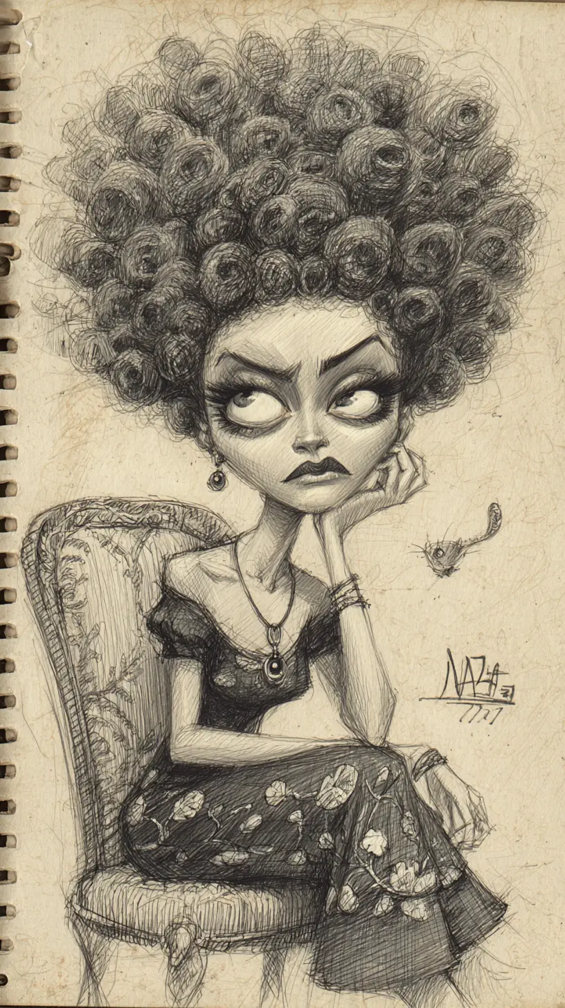 Retrato a carvão de uma mulher com cabeça grande e cabelo afro