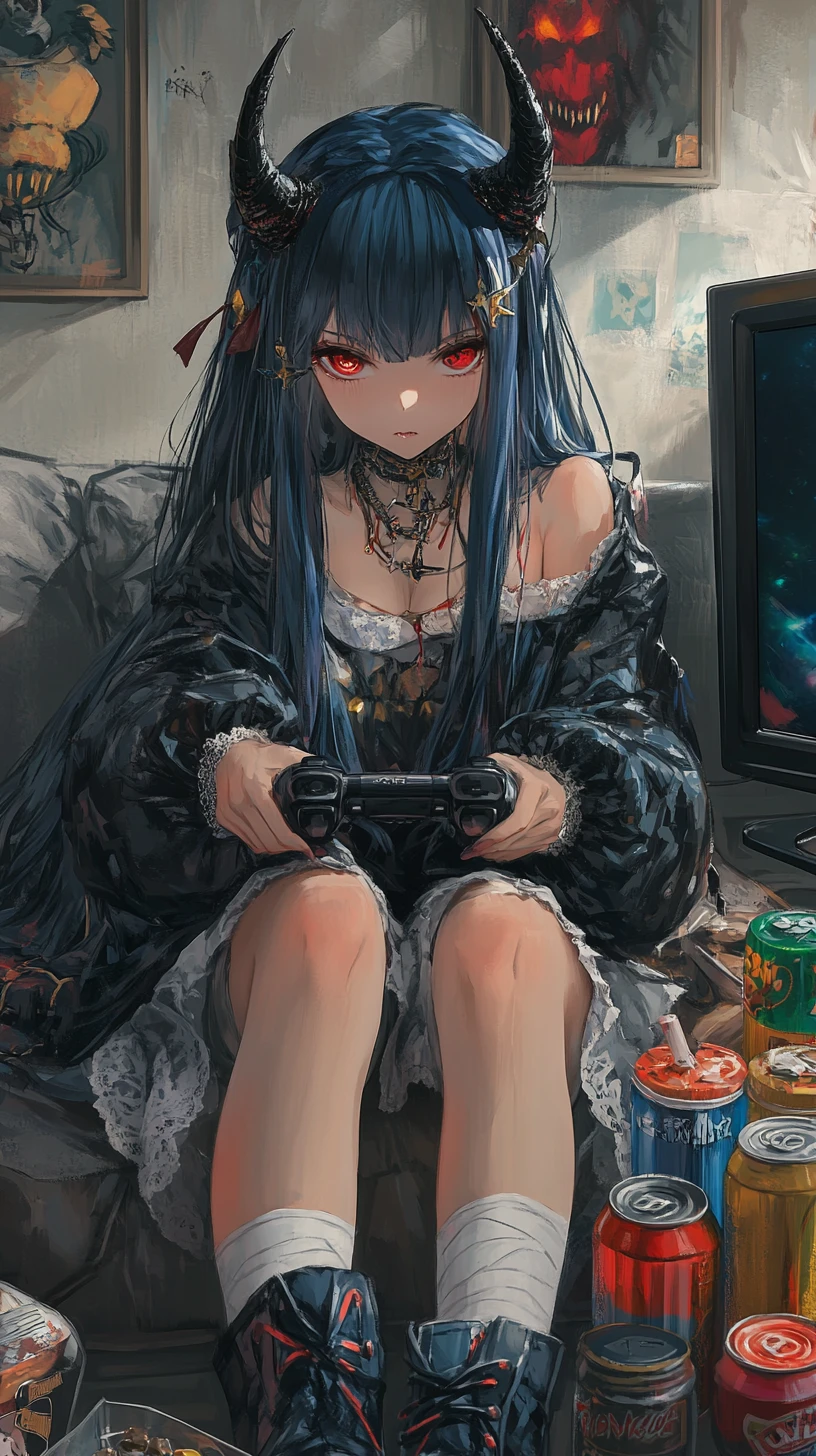 Ragazza anime che gioca sul divano con snack e drink