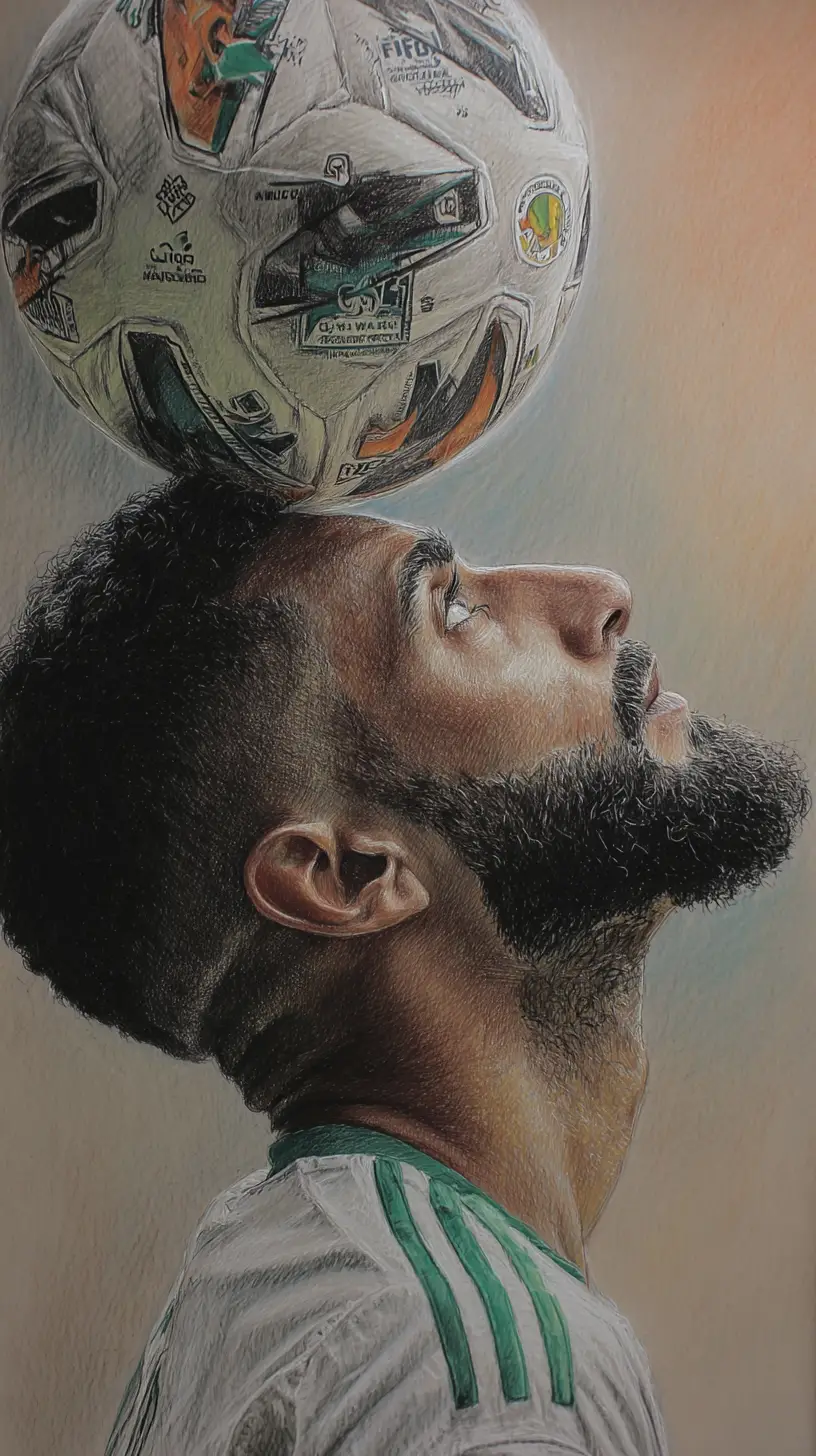 Colored pencil portrait of a footballer balancing a ball