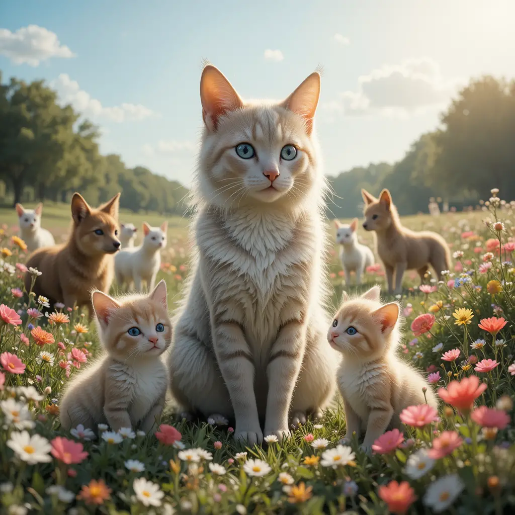 Pig with piglets in a sunny meadow with other animals