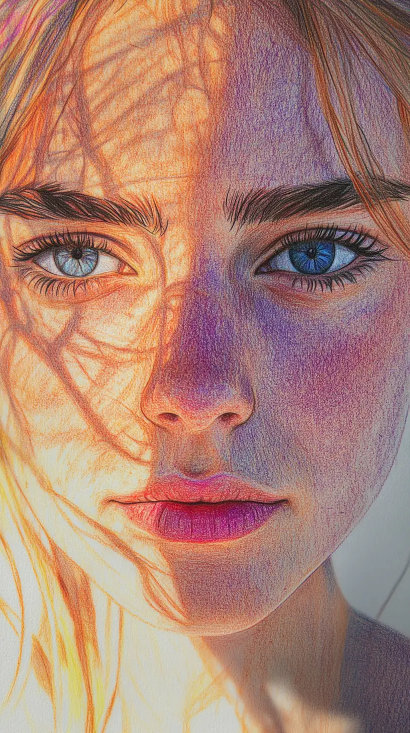 Colored pencil portrait of freckled girl with amber eyes