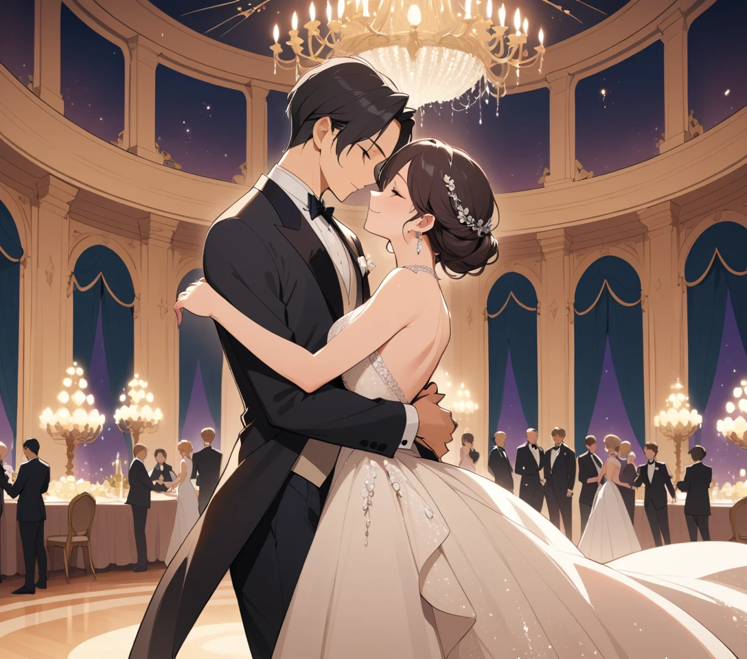 Casal elegante dançando em um luxuoso salão de baile iluminado por lustres