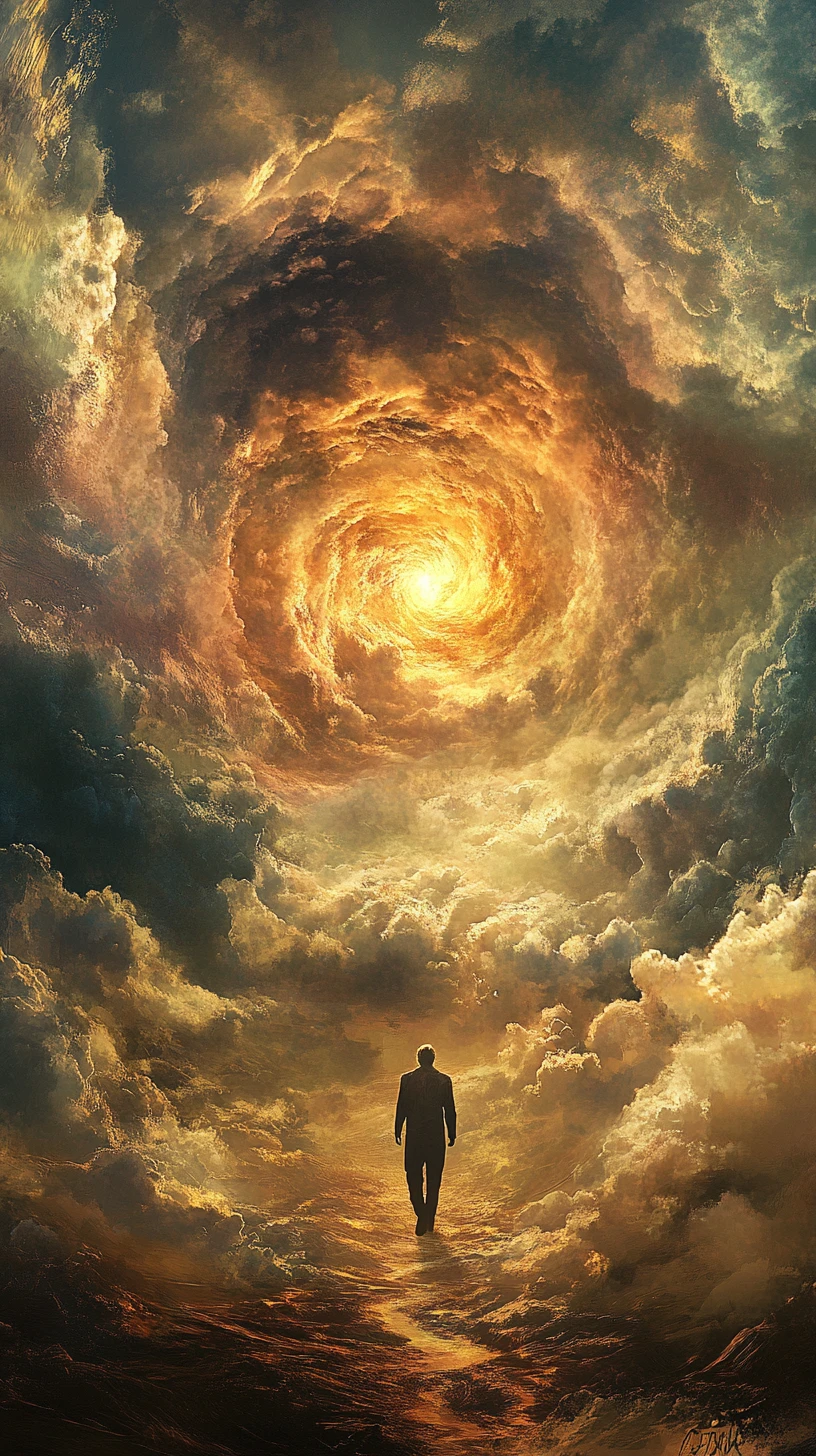 發光太陽下超現實景觀中的孤獨男子