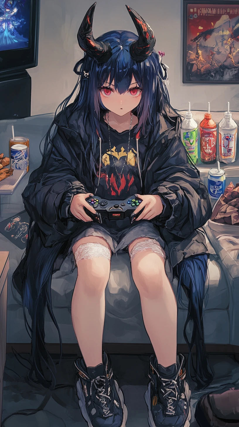 沙發上邊打電動邊吃零食喝飲料的動漫女孩