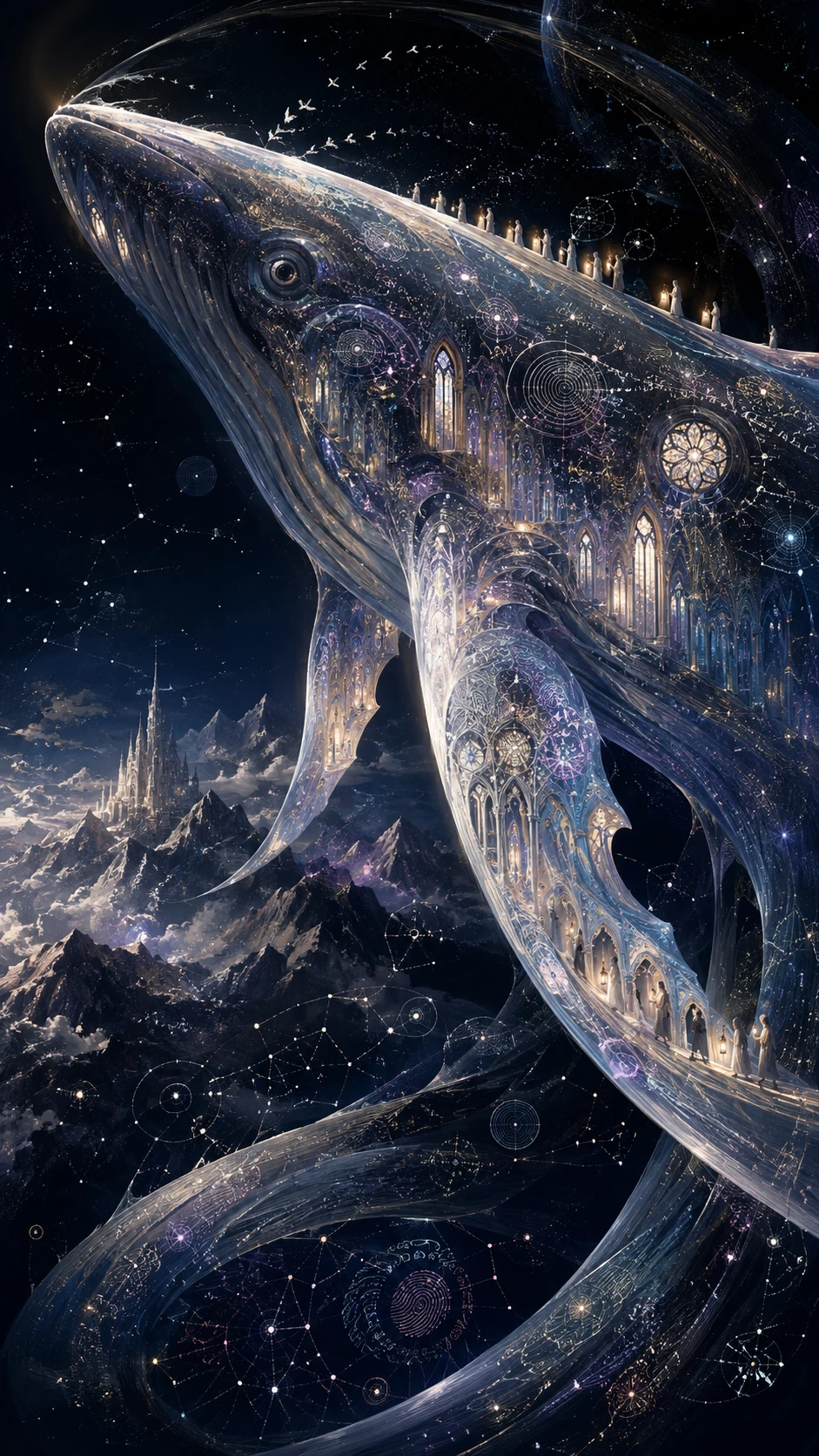 Baleia celestial formada por amplos traços arquitetônicos ao luar