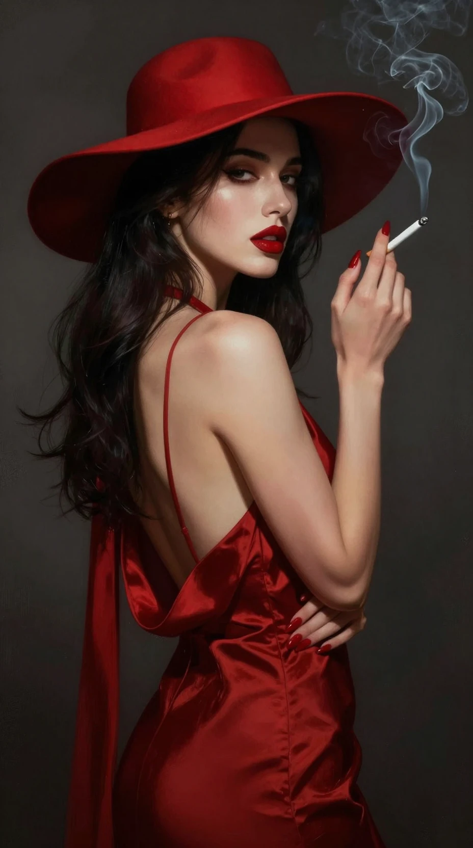 Mujer elegante con vestido rojo, sombrero y cigarrillo