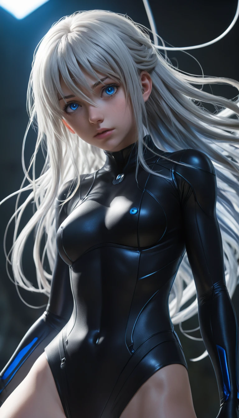 Heroína de anime de cabelo platinado suspensa em collant rasgado
