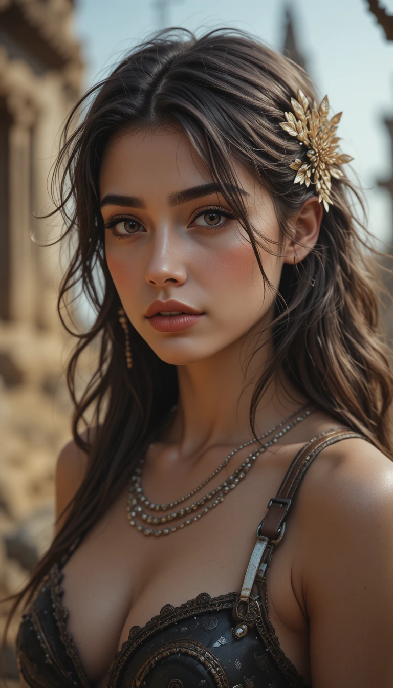 Ragazza fantasy fotorealistica con capelli castano scuro e occhi caldi